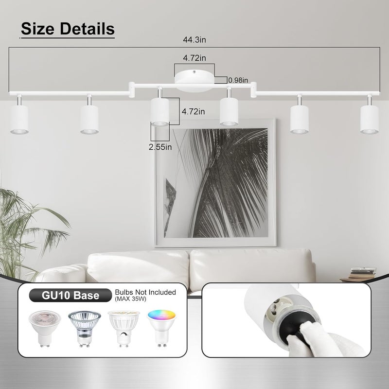 AUQUEE 6 Light Track Lighting Fixtures Ceiling, Matte White Kichen Track Lighting Fixtures with Rotatable Light Heads, Foldable Lamp Arms, Modern LED Track Lights for Kitchen/Hallway, No GU10 Bulb - Image 4